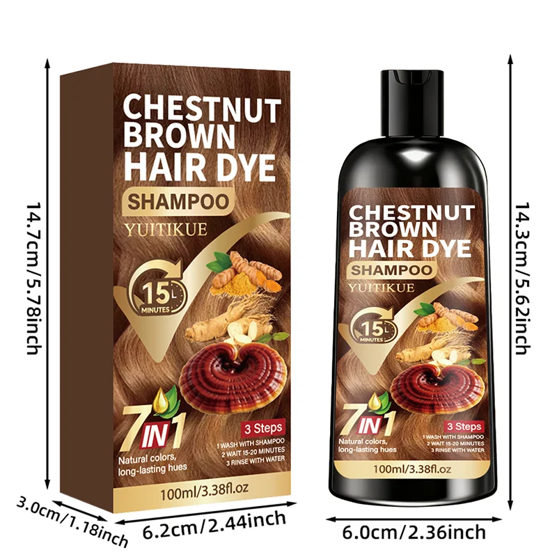 YUITIKUE Chestnut Brown Hair Dye Shampoo | 7-in-1 Natural Formula, 15-Minute Fast Dye, Gray Coverage 100ml