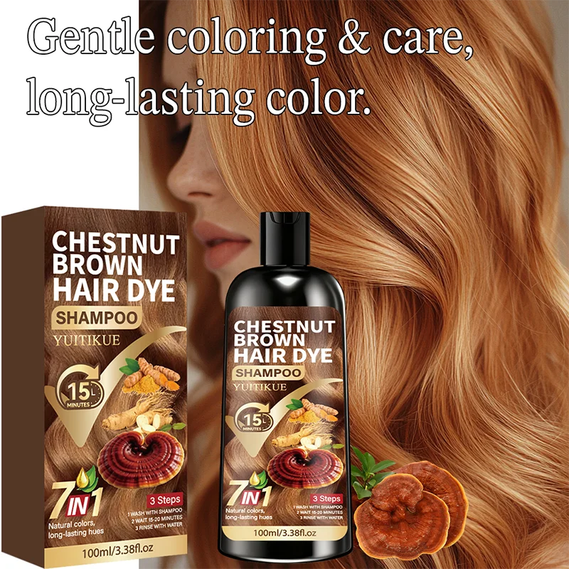 YUITIKUE Chestnut Brown Hair Dye Shampoo | 7-in-1 Natural Formula, 15-Minute Fast Dye, Gray Coverage 100ml