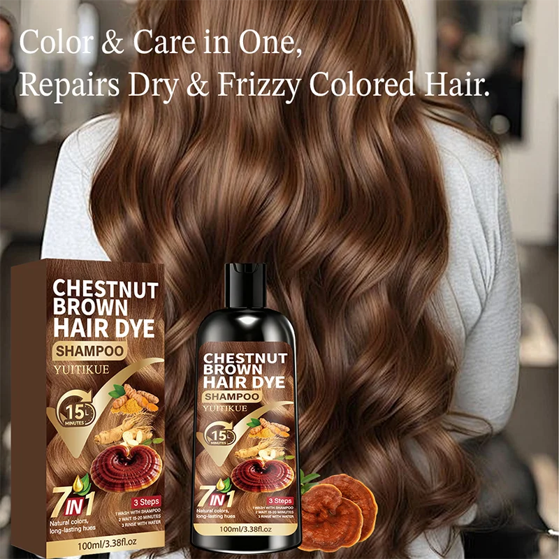 YUITIKUE Chestnut Brown Hair Dye Shampoo | 7-in-1 Natural Formula, 15-Minute Fast Dye, Gray Coverage 100ml